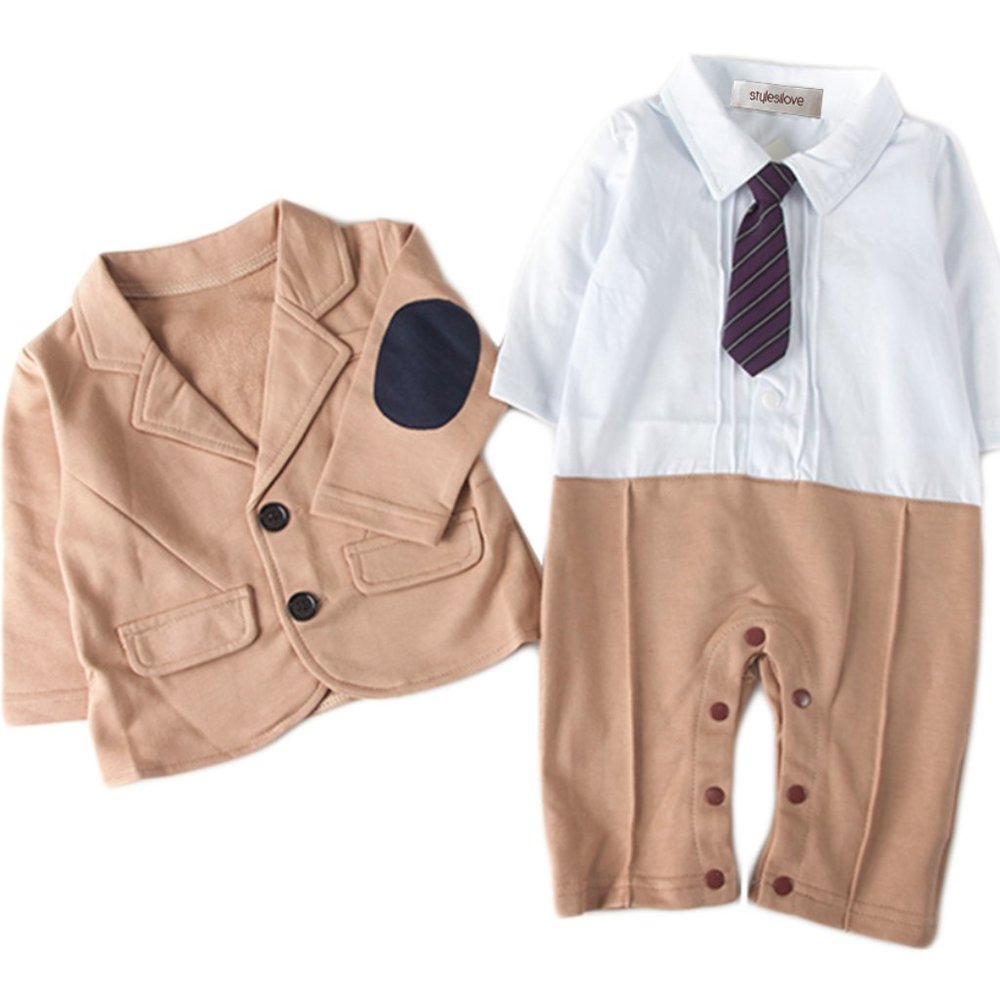 Khaki Elbow Patch Jacket & Romper with a 3D Tie Baby Outfit